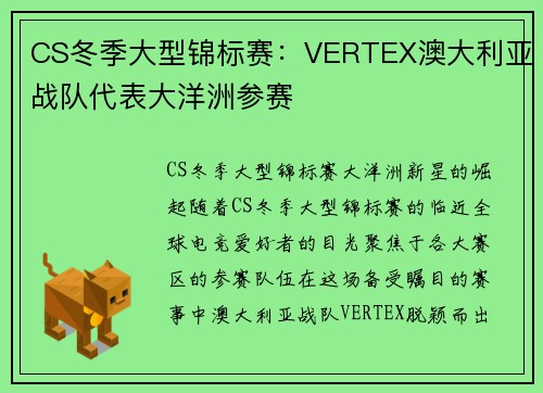 CS冬季大型锦标赛：VERTEX澳大利亚战队代表大洋洲参赛